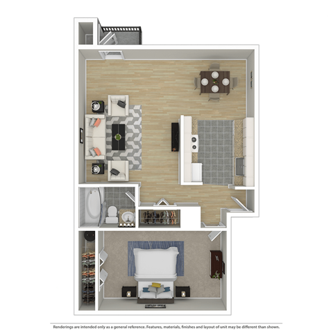 Floor plan for 1 bed, 1 bath, 750 sqft